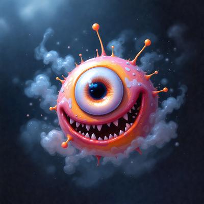 The primary subject of the image is a large, colorful, and cartoonish monster with a big, round eye. The monster is surrounded by a cloudy, smoky background, giving it a mysterious and fantastical appearance. The visual style of the image is a combination of digital art and illustration, creating a unique and eye-catching design. The dominant colors in the image are orange, pink, and blue, which contribute to the monster's vibrant and playful appearance. Overall, the image evokes a sense of wonder and imagination.
